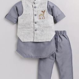 LITTLE COLLARS Jacquard Full Sleeves Solid Kurta & Pyjama Set With Sequin Animal Embellished Jacket - Grey-0