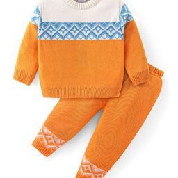 Babyhug Knit Full Sleeves Sweater Set With Colour Block Design - Orange-image-80