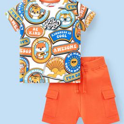 Babyhug Cotton Knit Half Sleeves T-Shirt & Shorts Set With Text & Animal Print - Multicolor-picture-21