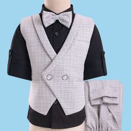 Robo Fry Woven Full Sleeves Checks 3 Piece Party Suit With Bow - Black & Grey-picture-19
