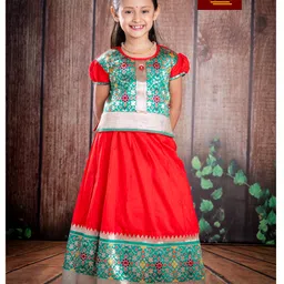 Bhartiya Paridhan Silk Woven Half Sleeves Floral Foil Printed Choli Lehenga Set - Red & Green-picture-17