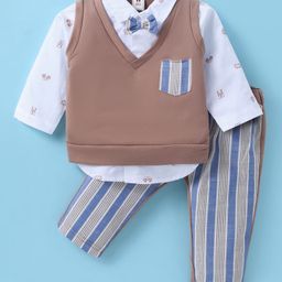 ToffyHouse Interlock Knit Full Sleeves Floral Printed Shirt & Striped Trouser with Bow Applique - Tan & White-image-26