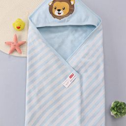 Babyhug Terry Knit Hooded Wrapper with Stripes & Lion Print L 76 x B 76 cm - Light Blue-73