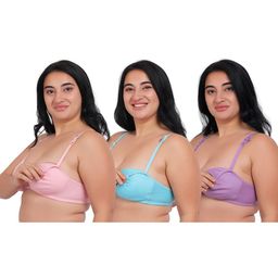 Fabme Pack Of 3 Cotton Sleeveless Solid Nursing Bras - Sea Green Pink & Lavender-image-79