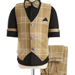Rikidoos Full Sleeves Solid Shirt With Checked Waistcoat Pant & Bow Set - Black & khaki-picture-37