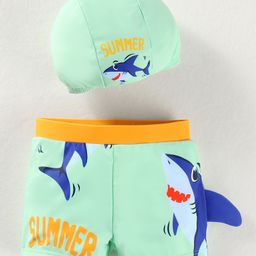 Babyhug Swimming Trunk & Cap with Shark Print - Light Green-image-98