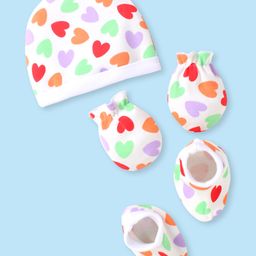 Babyhug 100% Cotton Knit Cap Mittens & Booties with Heart Print - White-image-106