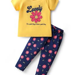 Doodle Poodle 100% Cotton Knit Half Sleeves Night Suit with Floral Print - Yellow & Navy Blue-picture-13