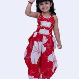 Twisha Cotton Sleeveless Floral & Polka Dots Printed Jumpsuit - Red & White-image-2