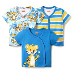 Babyhug 100% Cotton Knit Half Sleeves Striped & Animal Printed Front Open Vests Pack of 3 - Blue White & Yellow-image-26