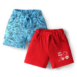 Doodle Poodle 100% Cotton Knit Knee Length Shorts With Vehicle Print Pack Of 2 - Red & Light Blue-image-58