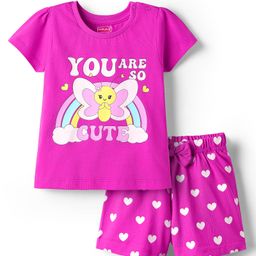 Babyhug Cotton Knit Half Sleeves Shorts Night Suit With You Are Cute Text Print - Dark Pink-image-9