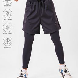 Pine Active Woven Solid Athletic Shorts with Full Length Tights - Black-image-76
