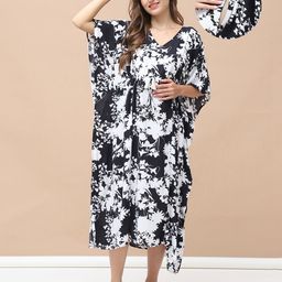 Secret Wish Rayon Woven Half Batwing Sleeves Floral Printed Maternity Kaftan Nighty With Side Zipper Nursing Access - Black & White-image-95