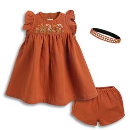 Tiber Taber 100% Cotton Woven Frill Sleeves Floral Embroidered Dress With Bloomer & Headband Set - Rust-image-5