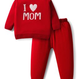 Doodle Poodle Knit Full Sleeves Pullover Sweater Set with I Love Mom Design - Red-picture-44