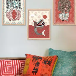 WALLLANE 3 Piece Wooden Madhubani Abstract Wall Paintings-picture-18