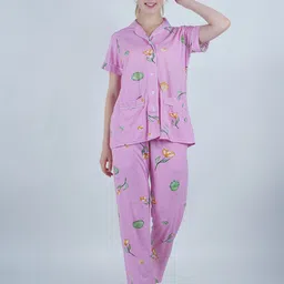 SHYAM SONS FLAIR Women Floral Printed Lapel Collar Night Suit-image-89