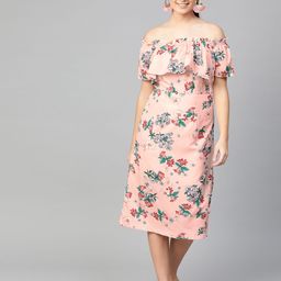 Zima Leto Women Peach-Coloured & Blue Floral Printed Off-Shoulder A-Line Dress-image-34