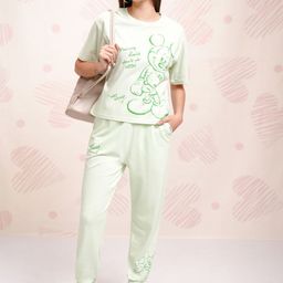 Tokyo Talkies Green Disney Mickey Mouse Printed Pure Cotton T-Shirt With Jogger-image-48