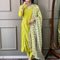 KALINI Floral Embroidered Yoke Design V-Neck Straight Kurta With Trousers & Dupatta-image-12