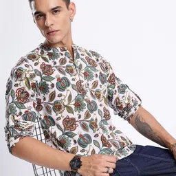 Anouk Rustic Band Collar Ethnic Motifs Printed Roll-Up Sleeves Kurta-image-99