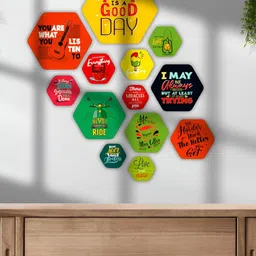 SAF Yellow & Green 13 Pieces Motivational Quotes Printed Wooden Wall Art-image-48