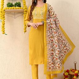 Anouk Floral Yoke Design Thread Work Round Neck Straight Kurta With Trousers & Dupatta-16