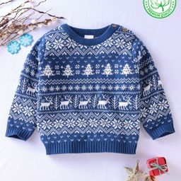 Babyhug 100% Organic Cotton Full Sleeves Pullovers Intarsia Design - Navy Blue-image-84