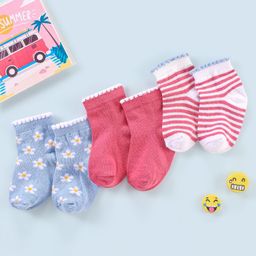 Cutewalk By Babyhug Anti Bacterial Ankle Length Non Terry Socks Floral Design Pack of 3- Pink-image-65