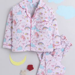 Knitting Doodles Pure Cotton Full Sleeves Unicorn & Rainbow With Clouds Printed & Striped Night Suit - Pink & White-image-3