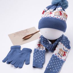 Babyhug Pom Pom Acrylic Woollen Cap Gloves and Muffler Set Reindeer Design Small Size - Blue-image-32
