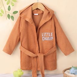 Babyhug Terry Knit Full Sleeves Hooded Bath Robe Text Design - Brown-image-50