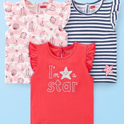 Babyhug 100% Cotton Knit Frill Sleeves Tops Boat Print Pack of 3 - Multicolour-image-90
