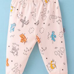 Child World Interlock Full Length Lounge Pants With Aeroplane Print - Peach-picture-1