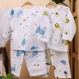 Mom's Home Pack Of 2 Organic Cotton Muslin Full Sleeves Baby Animal Printed Coordinating Jhabla Set - Yellow & White-picture-18