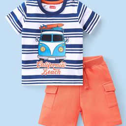 Babyhug Single Jersey Knit Half Sleeves T-Shirt & Shorts Set with Stripes & Bus Print - Blue & Red-image-90