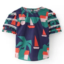 Hugsntugs Cotton Half Sleeves Lace Detailed Abstract Sea Theme Printed Top - Navy Blue-picture-35