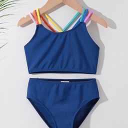 Pine Kids Sleeveless  Two Piece Swimsuit Solid Colour - Blue-picture-25