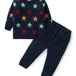 Babyhug Knit Full Sleeves Pullover Sweater & Pant Set  Star Designed - Navy Blue-image-95