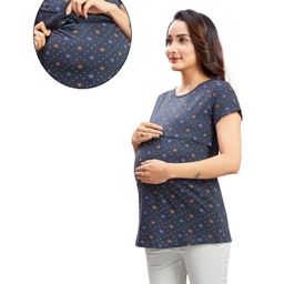 Mama & Bebe Half Sleeves Floral Printed Tee With Concealed Zipper Nursing Access - Indigo Blue-image-78