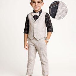 Mark & Mia Cotton Woven Full Sleeves Checkered 3 Piece Party Suit With Bow - Off White-image-93