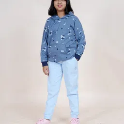 Kiddopanti Fleece Full Sleeves Flower Printed Hooded Sweatshirt With Joggers - Blue-picture-16
