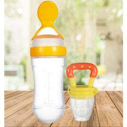 The Cheeky Kidzz Baby Fruit Vegetable Nibbler Soother Star Teether With Soft Silicone Squeeze Spoon Bottle BPA Free (YELLOW)-27