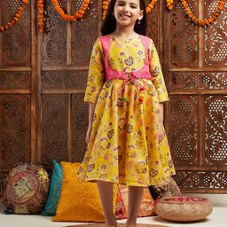 Pspeaches Brocade Three Fourth Sleeves Floral Printed Dress - Yellow-image-63