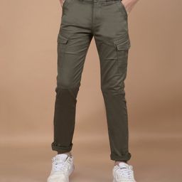 CRIMSOUNE CLUB Cotton Solid Cargo Trousers - Olive Green-image-3