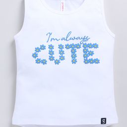 giniekids Cotton Blend Sleeveless Cute Text Printed Floral Embellished Vest - Off White-image-40