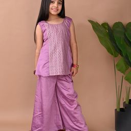 Kinder Kids Cotton Sleeveless Floral Foil Printed Kurta With Palazzo Set - Purple-image-47