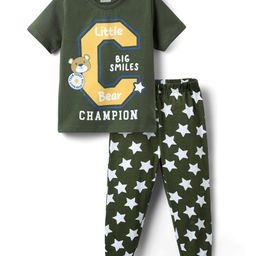 Babyhug Cotton Knit Half Sleeves Night Suit With Champion Text Print - Dark Green-image-95