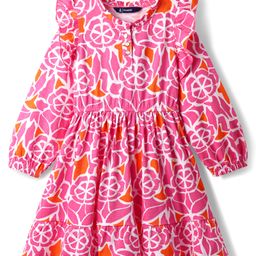 Pine Kids 100% Cotton Full Sleeves Frocks With Floral Print - Pink-image-68